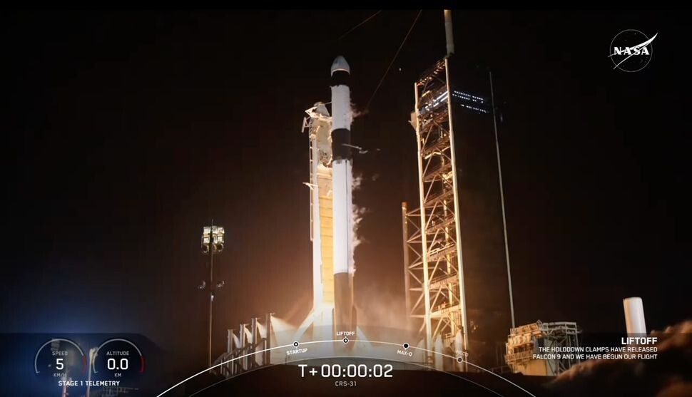 Ракета SpaceX Falcon 9 запускает 31-ю грузовую миссию на МКС 4 ноября 2024 года.    
 Источник: NASA  📷

