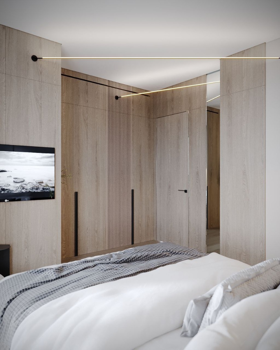 Дверь на скрытом коробе и стеновые панели DORIAN.RU из натурального шпона в проекте дизайнера Татьяны Кононовой