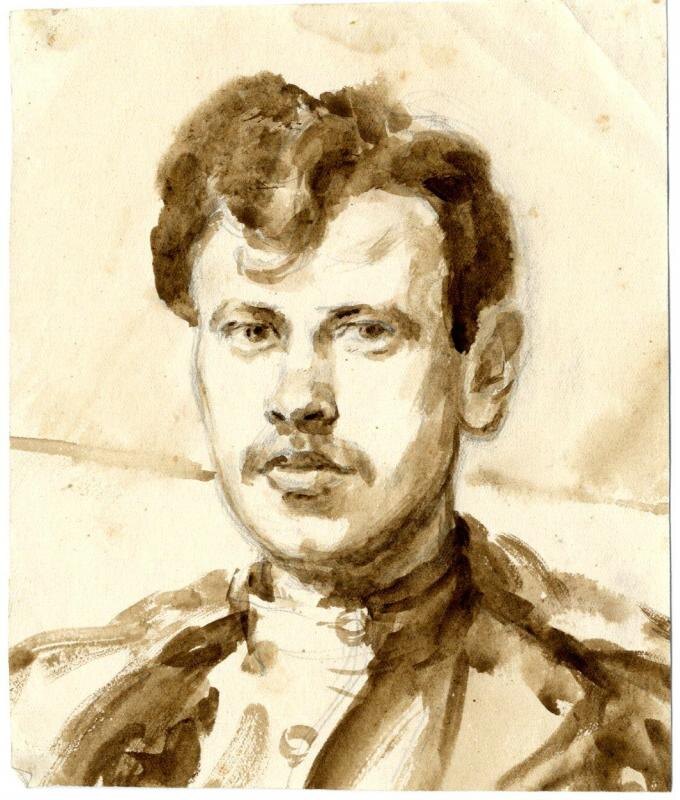 Евгений Расторгуев. Автопортрет в полушубке. Середина 1940-х годов. Бумага, сепия. 15,6х13,1 см. Из собрания Музейного агентства Ленинградской области