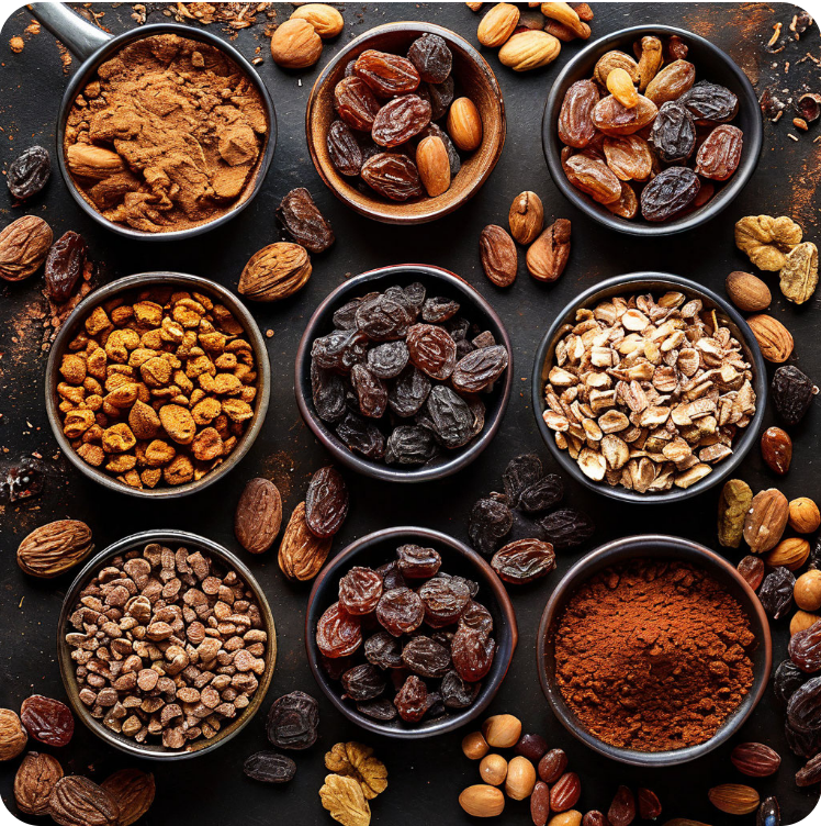 Орехи, изюм, какао-порошок