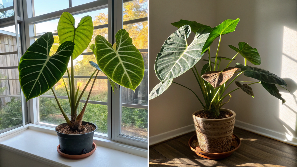 Алоказия любит яркий, но рассеяный свет