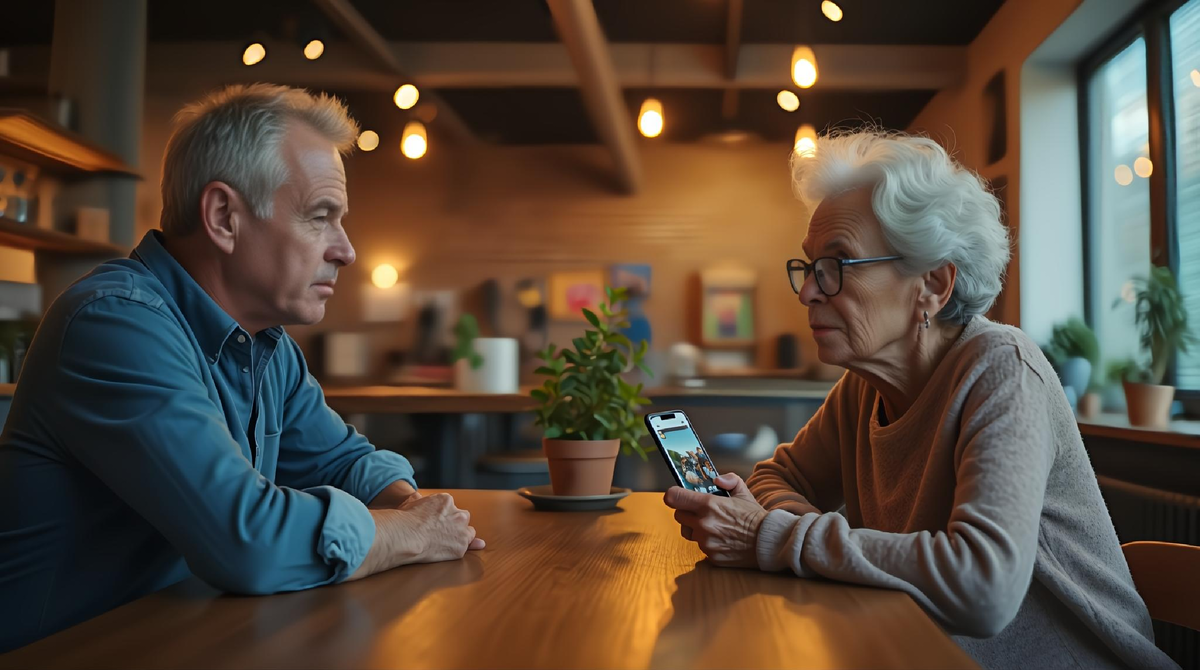 На экране — толпа туристов у известной достопримечательности. Все держат телефоны в руках, делают селфи, снимают видео