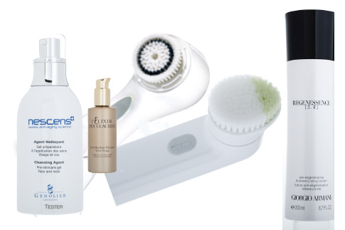 Слева направо: очищающий гель Agent Nettoyant, Nescens; мицелярная вода Eau Micellaire Precieuse Votre Visage, L'Elixir des Glaciers, Valmont; интенсивная сыворотка для детоксикации кожи One Essential - Serum Detoxifiant Regenerateur Cellulaire Intense, Dior; лосьон для лица Regenessence [3.R], Giorgio Armani; очищающие щетки Aria, Clarisonic, и Sonic System, Clinique