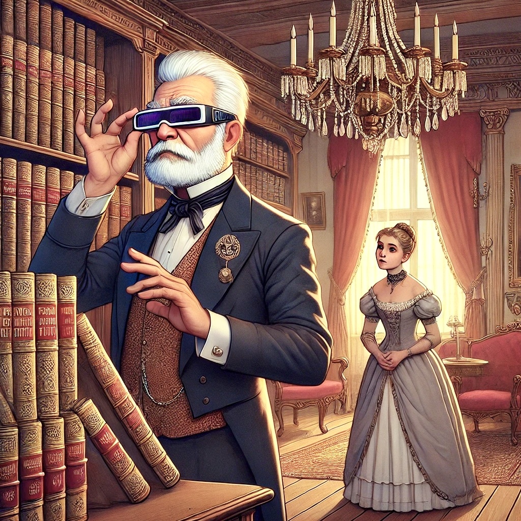 Болконский в футуристических очках трогает книги с лёгким налётом ностальгии, а Марья наблюдает за ним с любопытством. Атмосфера: батя на грани сантиментальности, но держится!