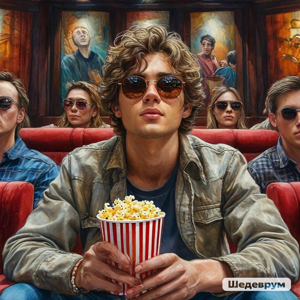 Тифлокомментарий. Картинка сгенерирована Шедеврум. Молодой незрячий парень с попкорном сидит в кинотеатре 