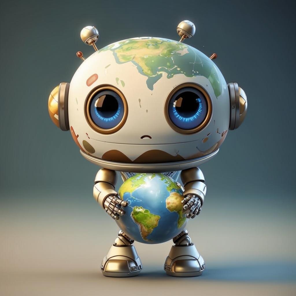 Робот с дружелюбным лицом, держащий земной шар в руках.