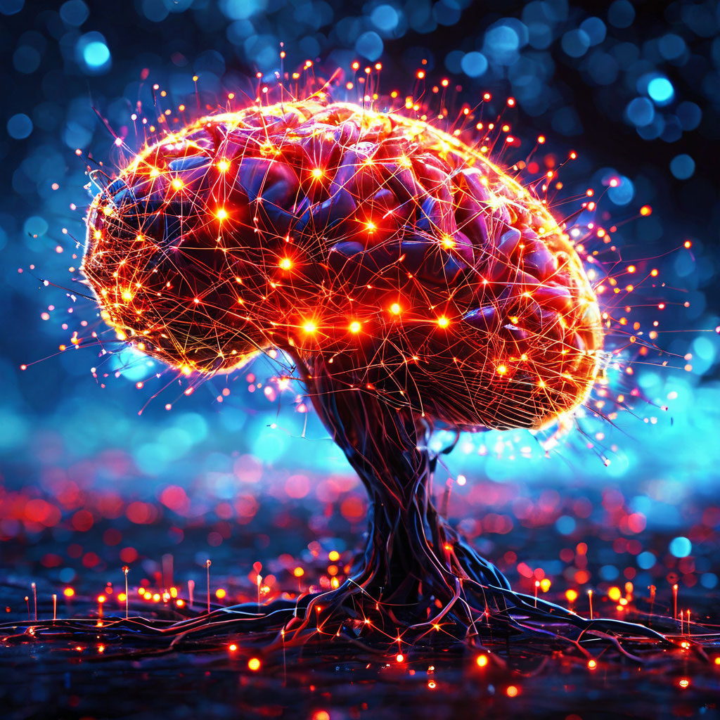 Схема нейросети в виде ярких соединений (как мозг + цифры)