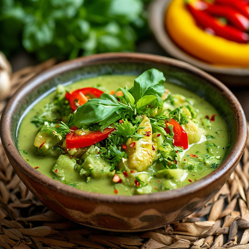 Тайский зелёный карри — это острое и ароматное блюдо, которое отличается свежим вкусом благодаря большому количеству зелени и трав в составе. Оно может содержать различные виды овощей, мясо или морепродукты, а также орехи и специи. Зелёный карри обычно подают с рисом, что позволяет сбалансировать остроту блюда.