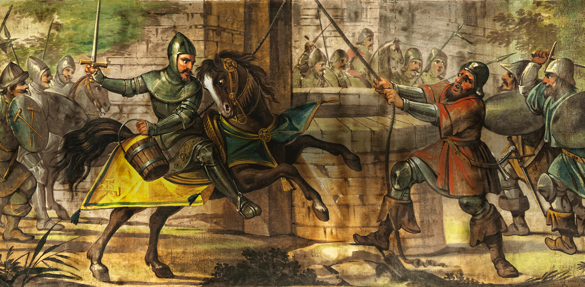 В 1325 году два итальянских города-государства, Модена и Болонья, вступили в войну, которая вошла в историю как «Война ведра» (*Guerra della Secchia*). Повод для конфликта был настолько абсурден, что кажется выдумкой: солдаты Модены украли дубовое ведро из колодца на центральной площади Болоньи. Однако за этим курьезом скрывались глубокие политические и идеологические противоречия.