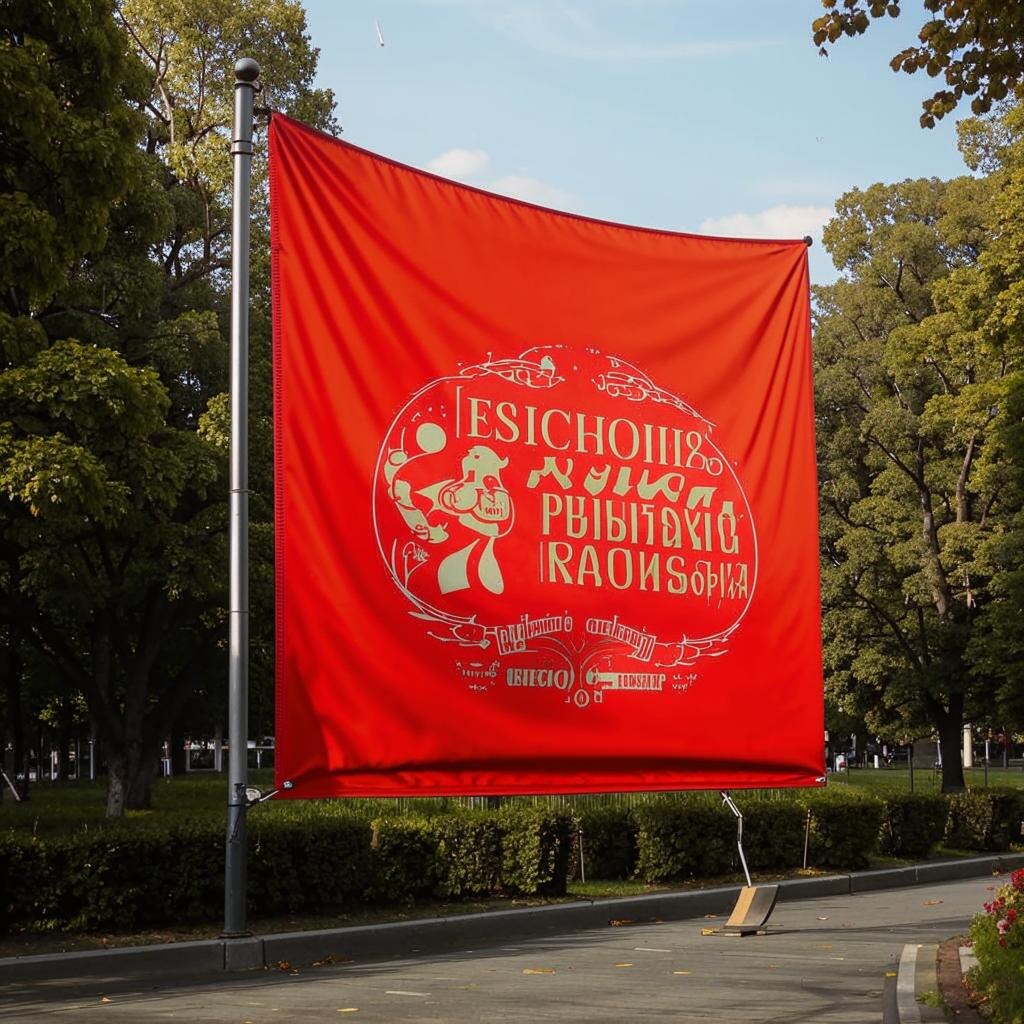 Надпись на красном полотне "Психологию в массы" выполнена ИИ на русском языке.