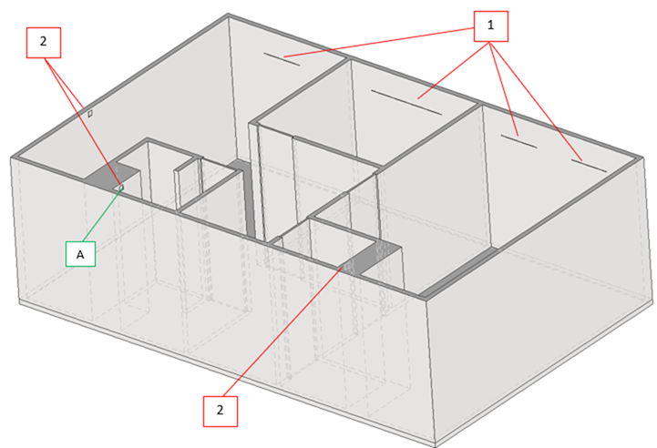 Общий вид квартиры. А: место подключения вентилятора работающего на отвод воздуха из квартиры.