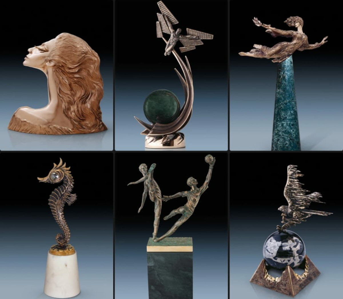 Бронзовые скульптуры Виктора Митрошина: Скульптурный портрет "Майя", "Аэрокосмос", "Лавровая ветвь", "Морской конёк", "Футболисты", "Скорость" (Сокол). Фото: А. Соколов.