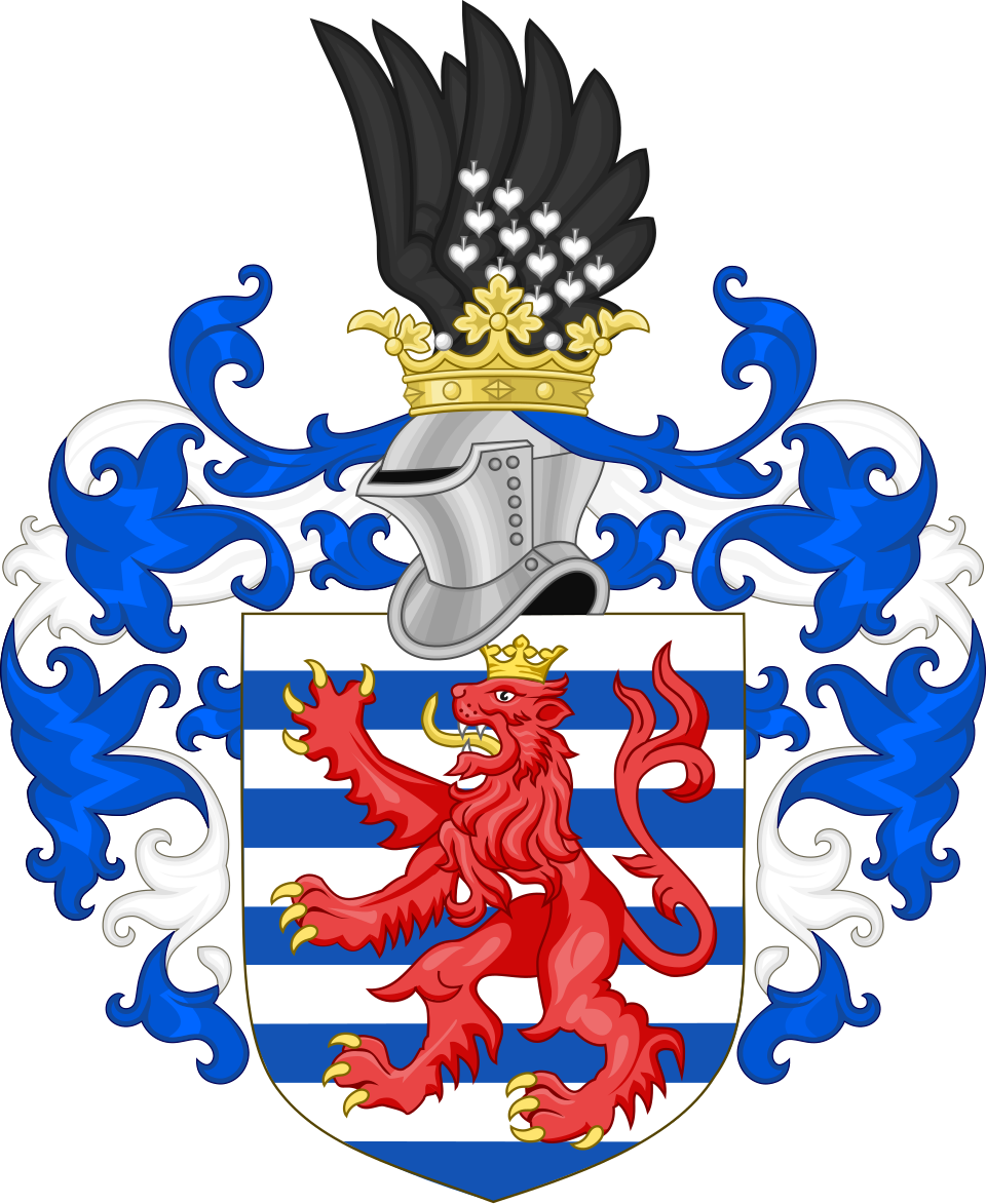 Герб династии Люксембург. Оригинал по ссылке: https://ru.wikipedia.org/wiki/Люксембурги#/media/Файл:COA_Luxembourg_with_crest.svg