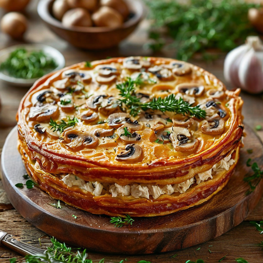 Сытный блинный пирог с курицей и грибами 