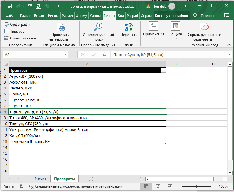 Вкладка Препараты