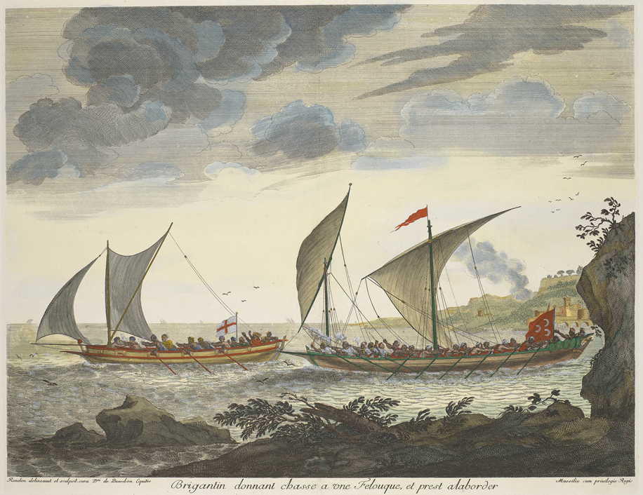 Бригантин приследующий фелуку. Randon, Gilbert. PAI4898. National Maritime Museum, Greenwich, London