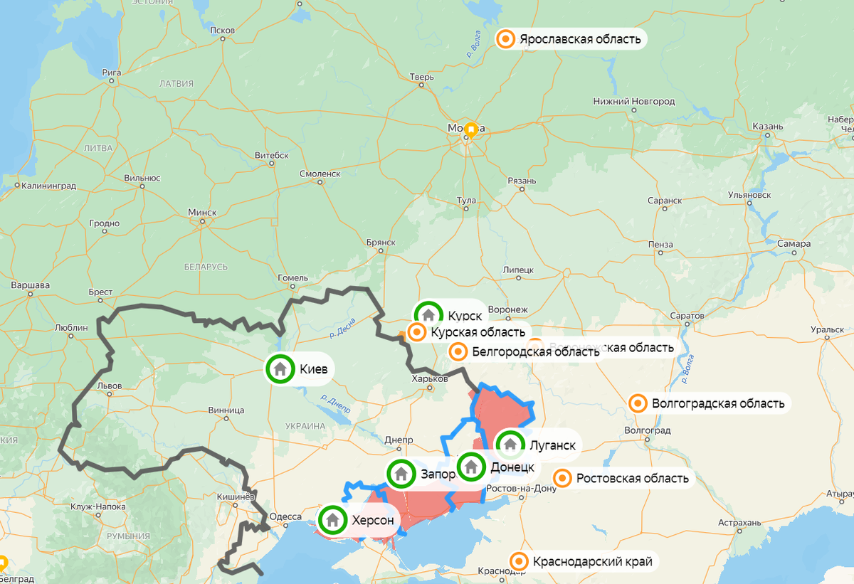 Карта массированной атаки ВСУ на регионы России. Фото: скриншот Яндекс Карты