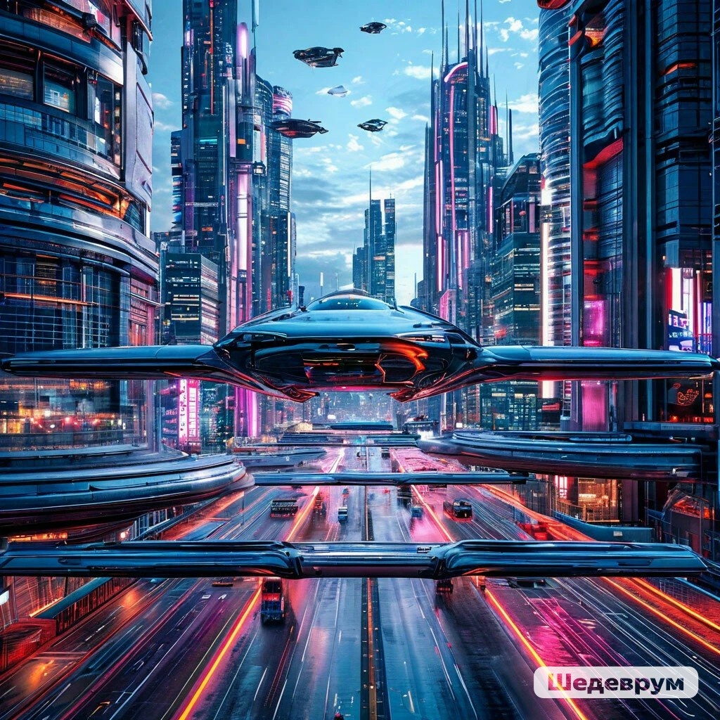Город будущего с летающими автомобилями (с) Шедеврум