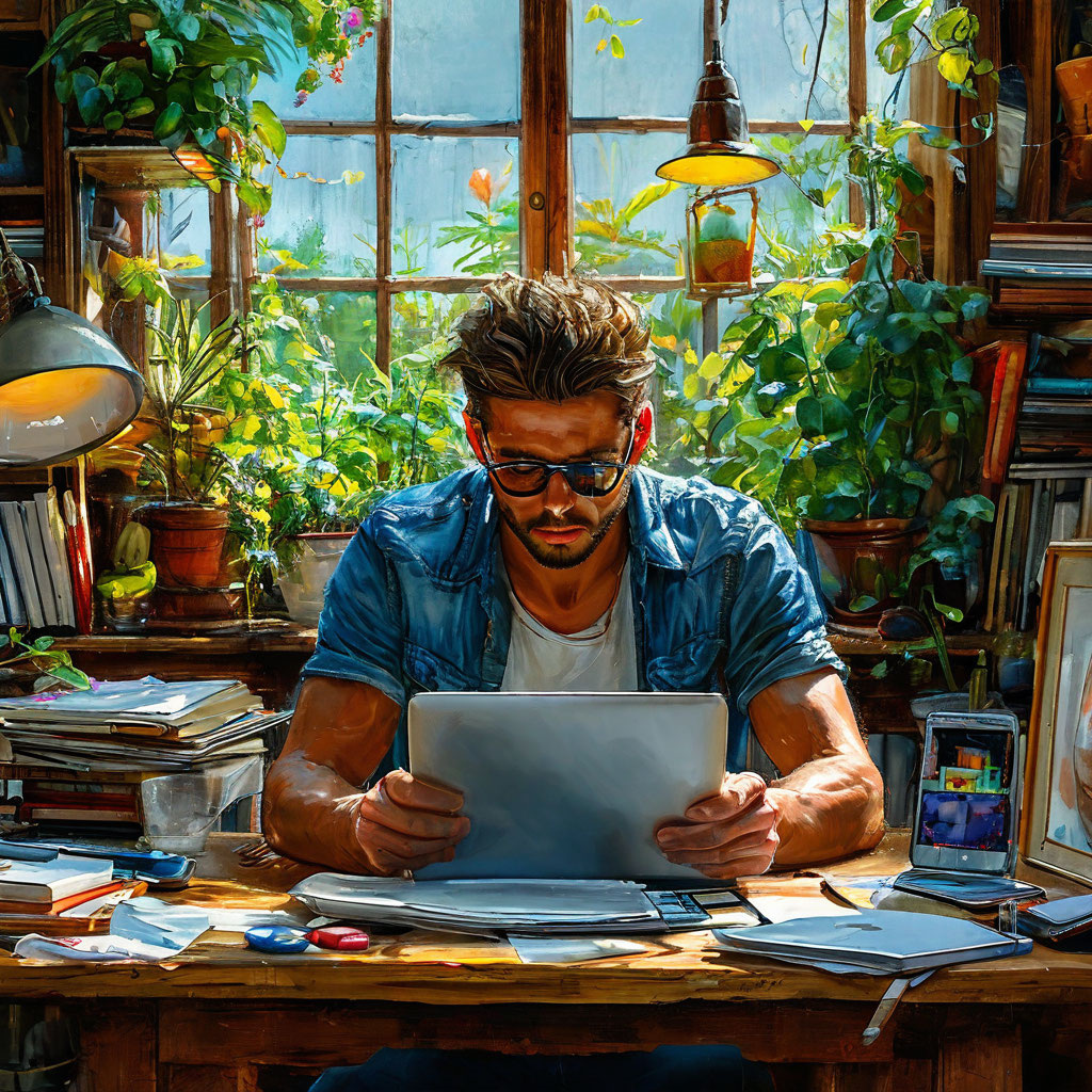 Человек, работающий за столом с гаджетами