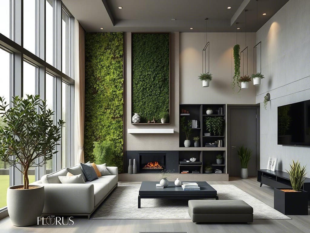 Интерьер гостиной в доме в современном стиле. Фитостены из мха