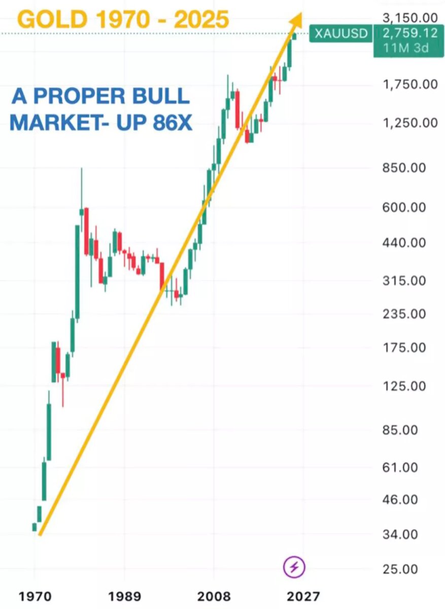 Динамика цены золота с 1970 по 2025 гг. / график © Эгон фон Грейерц
