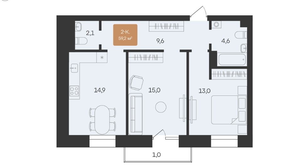 Двухкомнатная квартира, 59,2 кв.м. в ЖК «Атмосфера».