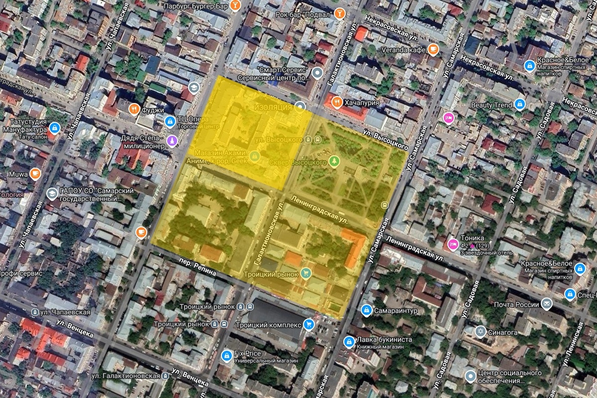 Троицкая площадь на карте современной Самары. Рассматриваемый сегодня участок выделен более насыщенным жёлтым цветом