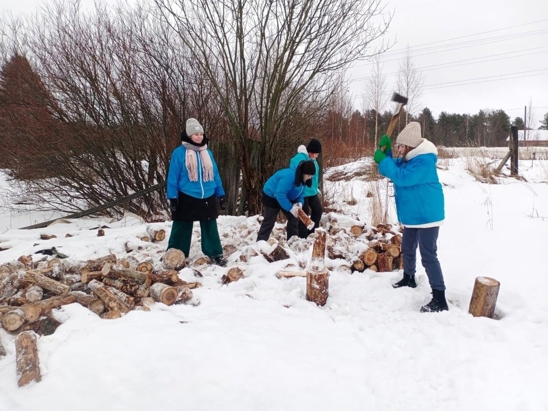    Волонтеры Онежского десанта в Беломорском районе накололи дрова пенсионерам. Фото: КЦСОН Карелии/ВК