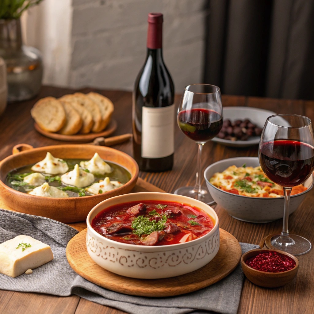 Борщ и красное вино.