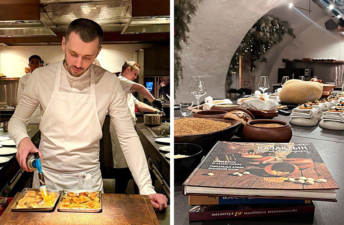    Шеф-повар Евгений Чеканин. Справа книга «Уникальные блюда казахской кухни». Фото: пресс-служба и Лолита Самолетова.
