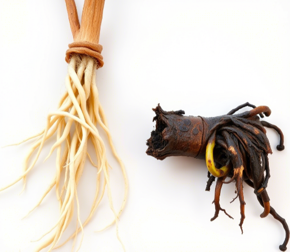 Сгенерировано ИИ. Здоровые и больные корни.