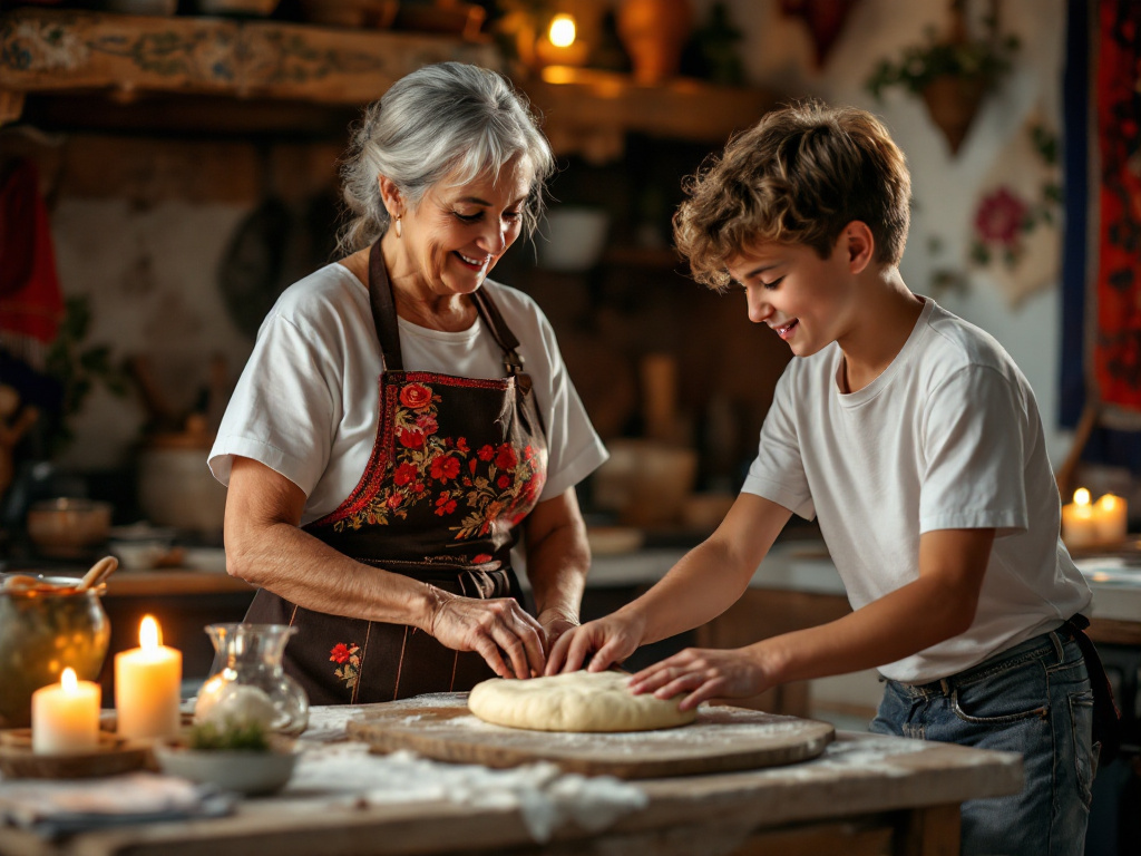 Бабушка учит внука правильно лепить тесто