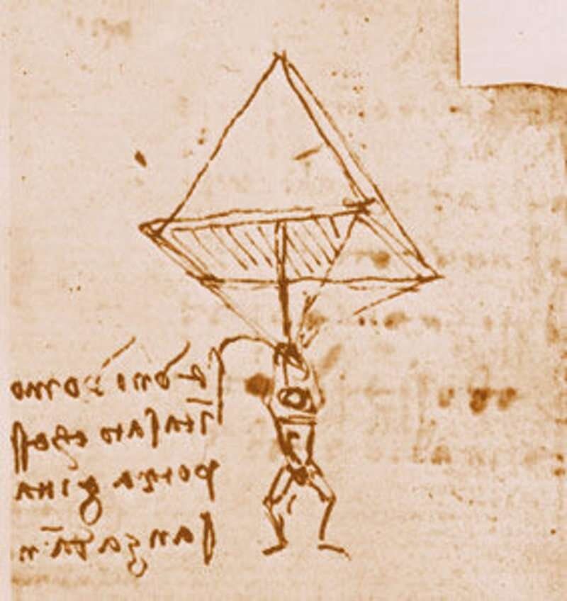 Чертеж парашюта Леонардо Да Винчи, выполненный в 1485 году