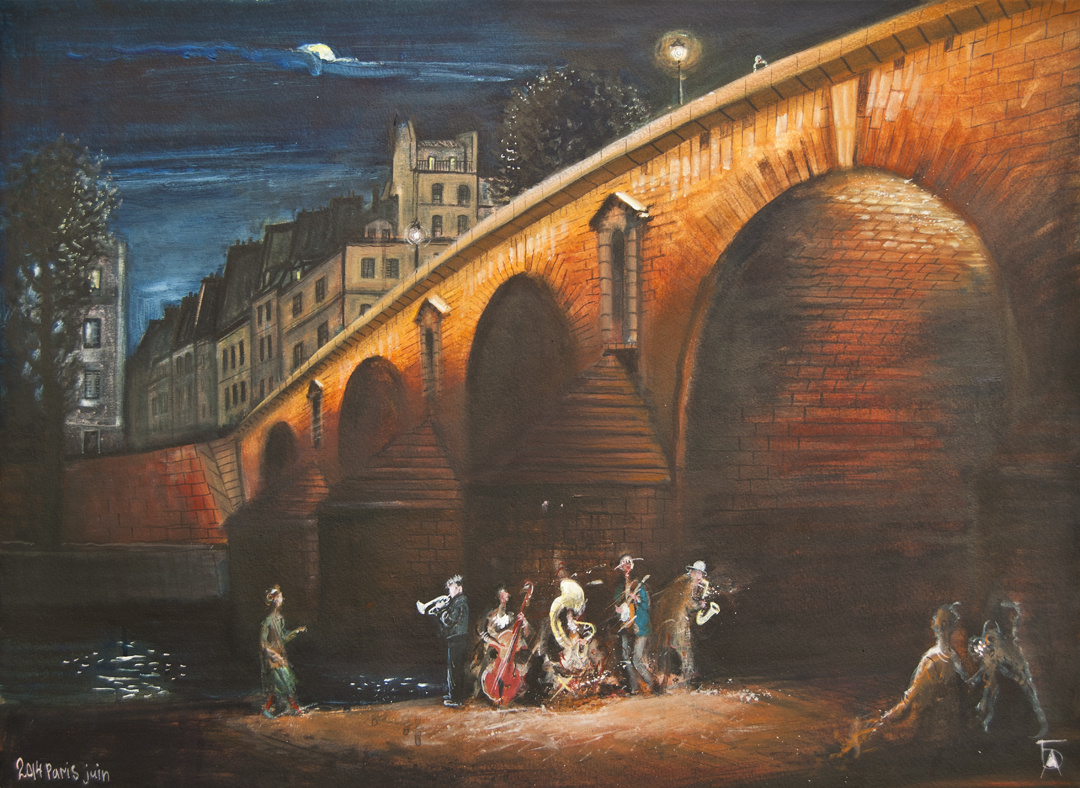 © Алексей Бобрусов. Концерт под мостом. Из сер. «День музыки». Бумага, акварель, темпера. 55x75см. 2015. 