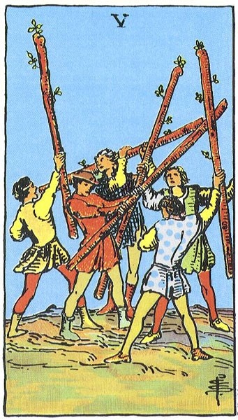 Пятёрка Жезлов «Таро Райдера-Уэйта»