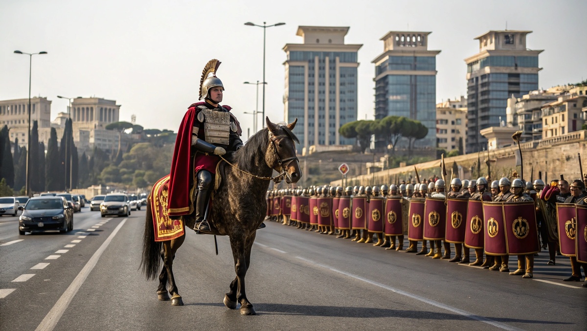 Цезарь с когортой марширует  на встречу с президентом Италии по современному Риму.