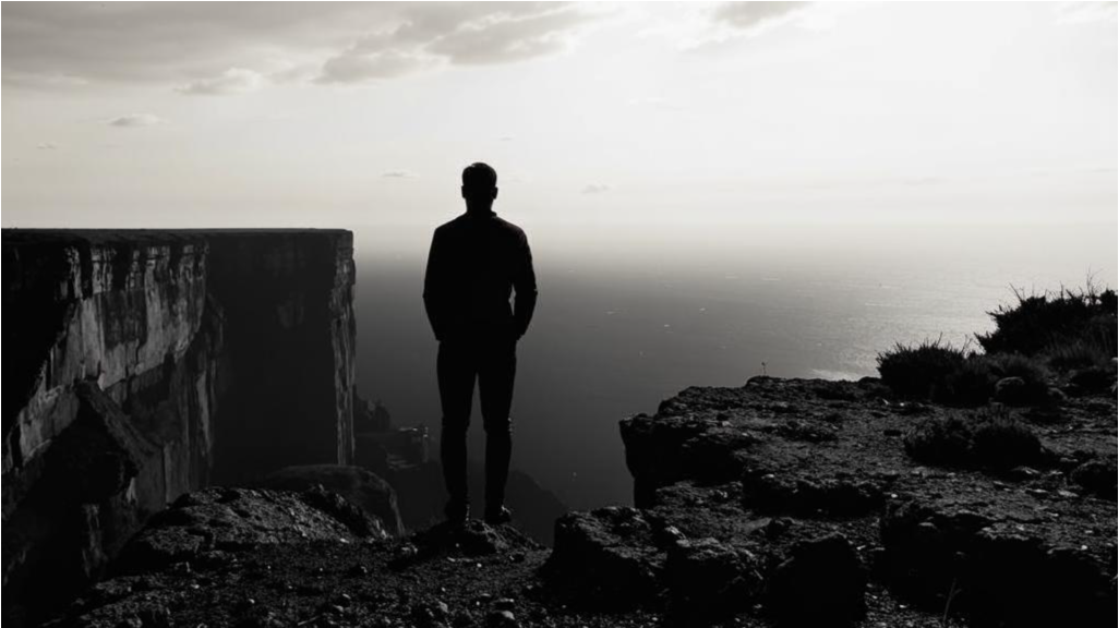 Человек стоит на краю горного утёса, глядя вдаль, символизируя открытие новых возможностей.