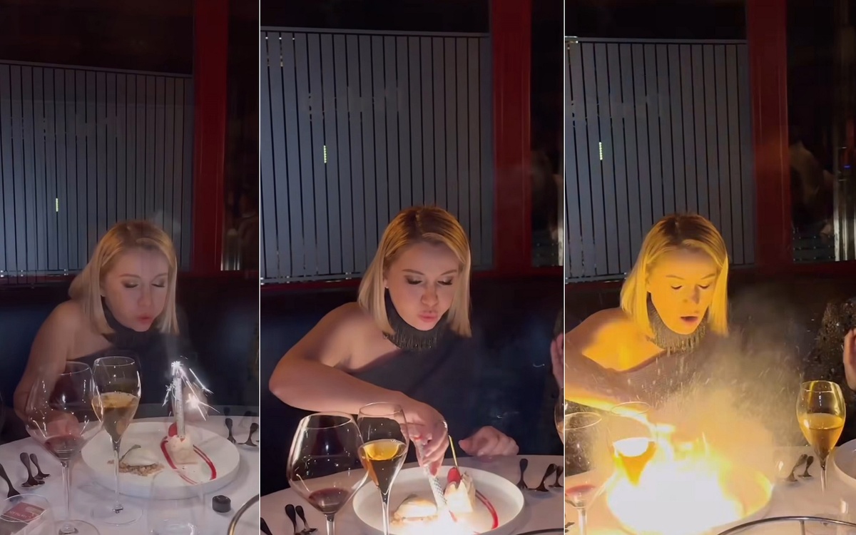 На своем празднике Ольга Орлова попыталась неудачно затушить свечу-бенгальский огонь. Фото: социальные сети.