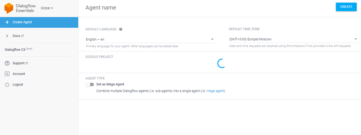 Интерфейс Dialogflow