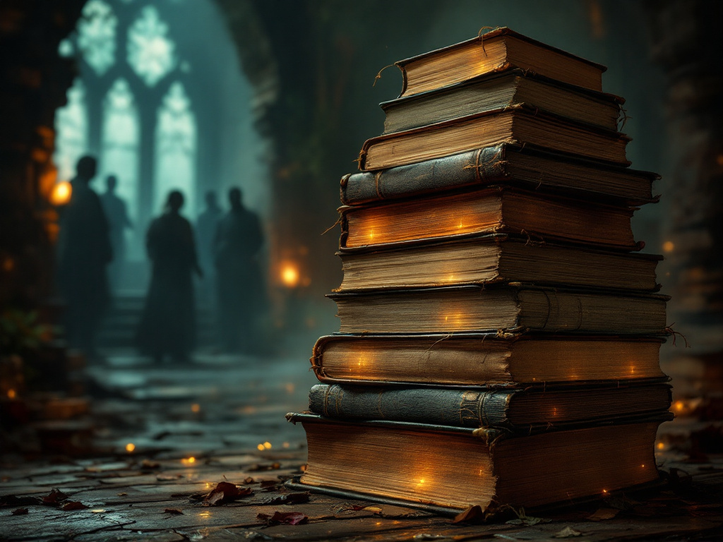Старые книги, излучающие свет, как символ силы знаний.