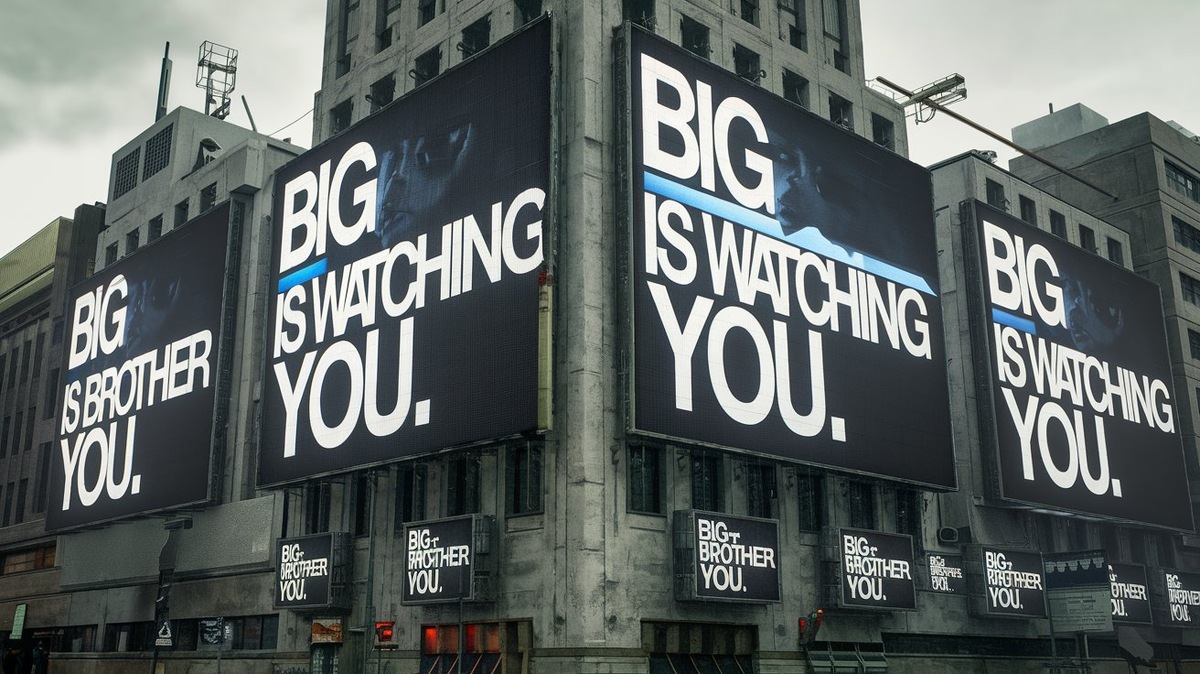 Антиутопический город с экранами, напоминающими о "1984"