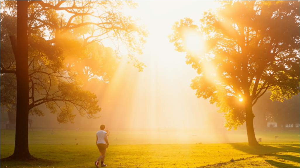 Спокойная прогулка по парку с первыми лучами солнца, лёгкий туман над землёй.