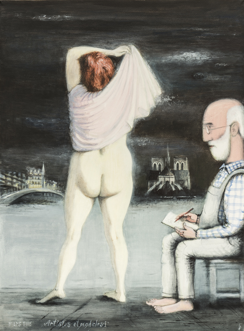 © Алексей Бобрусов. Художники и модели - I. Из сер. «Парижские курьезы». Бумага, акварель, темпера. 75x55см. 2015. 