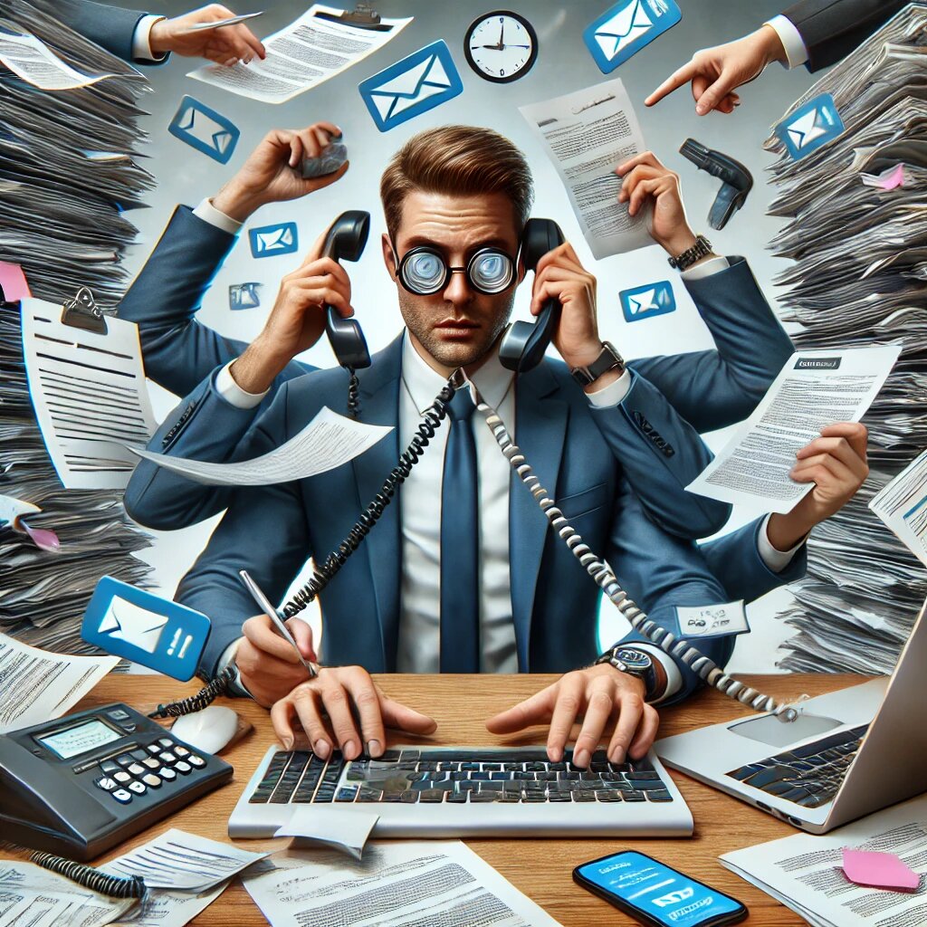 Перегруженный сотрудник на фоне горы задач – офисный работник, одновременно проверяющий почту, отвечающий на звонки и пишущий заметки.