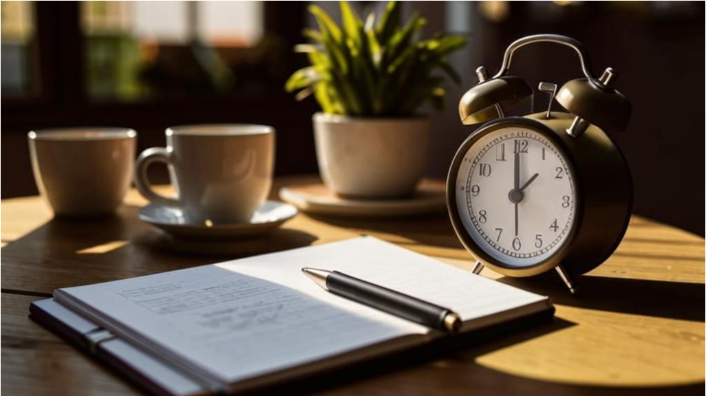 Часы на утреннем столе, показывающие 7:00, рядом блокнот с коротким списком задач.