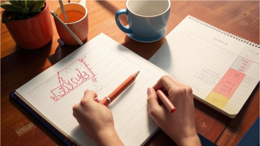 Вид сверху на человека, который пишет три главные задачи на день на листе бумаги.