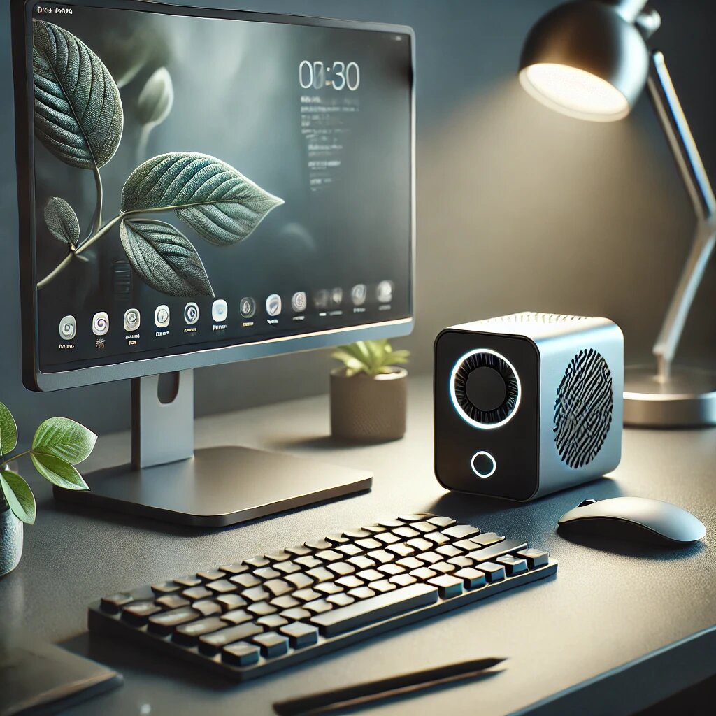 Современный компактный настольный ПК, включающий стильный мини-ПК, монитор, а также беспроводную клавиатуру и мышь. Всё это расположено на чистом рабочем столе с приятной фоновой подсветкой, подчёркивая минимализм и эффективность.