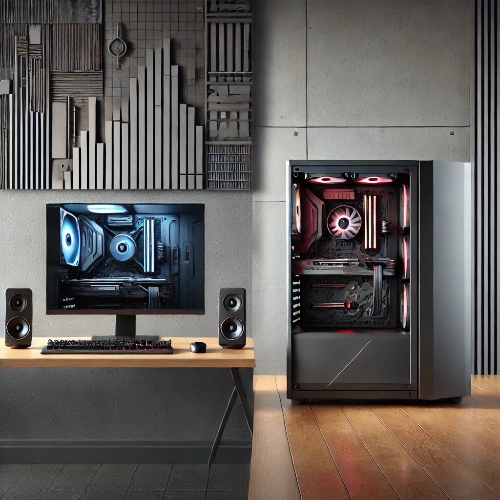 визуальное сравнение традиционного стационарного ПК с отдельным системным блоком и монитором, а также моноблока с интегрированным дизайном. Оба устройства расположены на современных рабочих столах, подчёркивая их различия в конструкции и удобстве использования