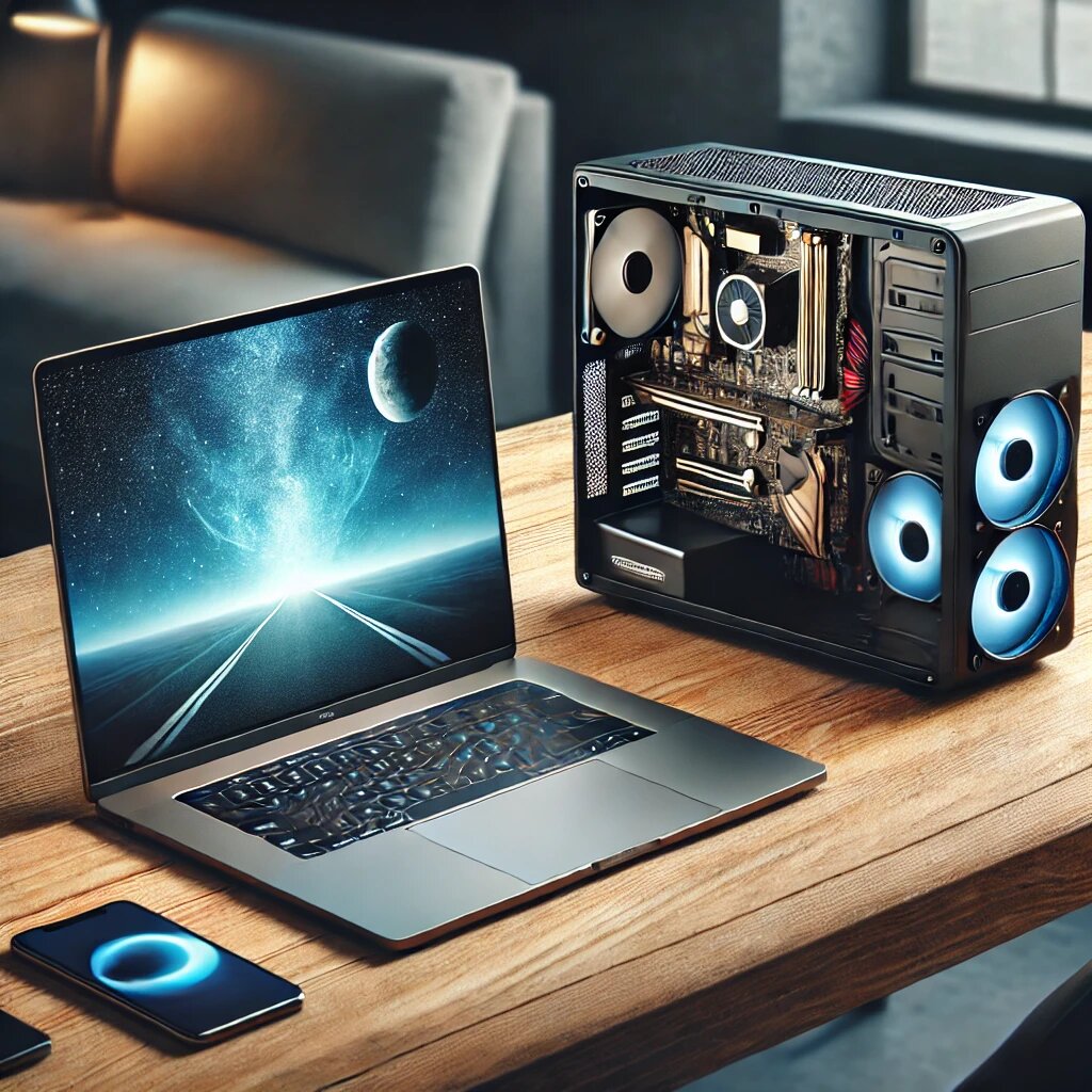 
На изображении представлено визуальное сравнение нового ноутбука и проверенного б/у настольного компьютера, расположенных на современном рабочем столе. Это подчёркивает выгодность покупки б/у техники, её тестирование и надёжность в использовании.