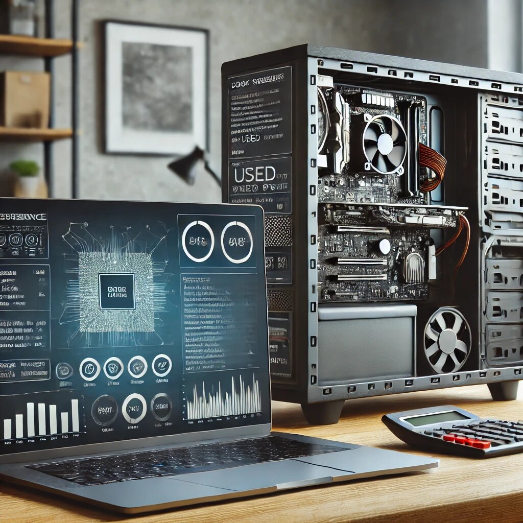 Сравнение нового и б/у компьютера: новенький ноутбук стоит рядом с проверенным б/у ПК, отображая выгоду и возможности покупки.